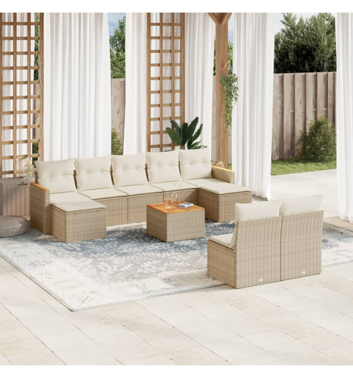 Salon de jardin avec coussins 10 pcs beige résine tressée | Mobilier & Déco