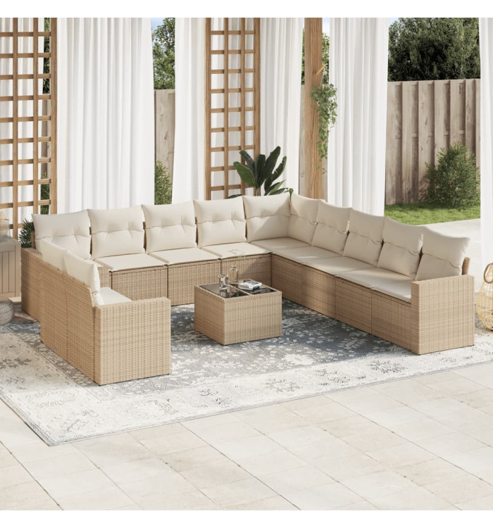Salon de jardin avec coussins 12 pcs beige résine tressée | Mobilier & Déco