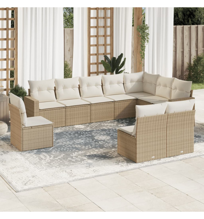 Salon de jardin avec coussins 10 pcs beige résine tressée | Mobilier & Déco