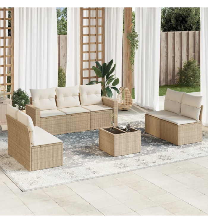 Salon de jardin avec coussins 8 pcs beige résine tressée | Mobilier & Déco