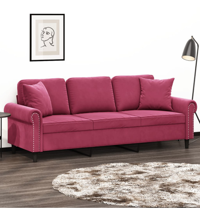 Canapé 3 places avec oreillers bordeaux 180 cm velours | Mobilier & Déco