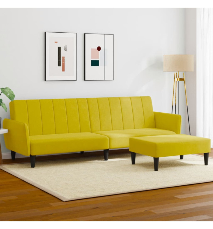 Canapé-lit à 2 places avec repose-pied jaune velours | Mobilier & Déco