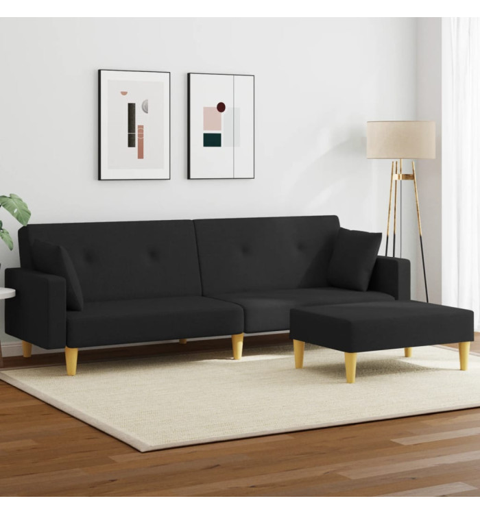 Canapé-lit à 2 places avec repose-pied noir tissu | Mobilier & Déco