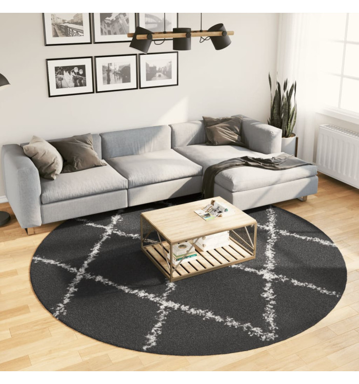 Tapis shaggy PAMPLONA poils longs moderne noir crème Ø 240 cm | Mobilier & Déco