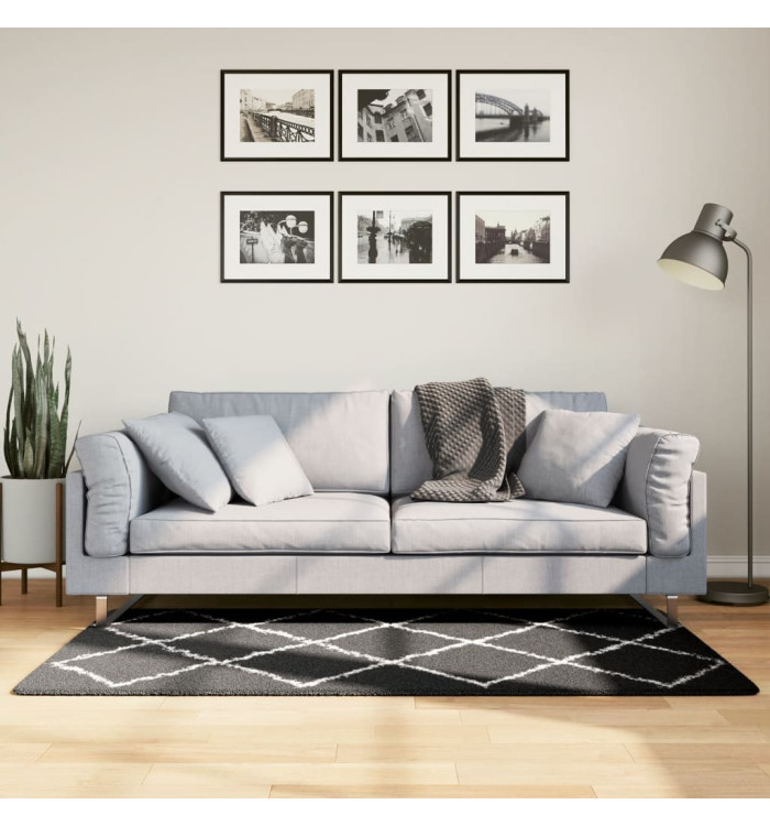 Tapis shaggy à poils longs moderne noir et crème 80x150 cm | Mobilier & Déco