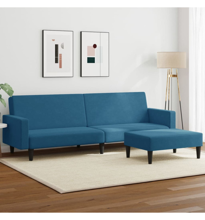Canapé-lit à 2 places avec repose-pied bleu velours | Mobilier & Déco