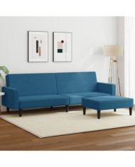 Canapé-lit à 2 places avec repose-pied bleu velours | Mobilier & Déco