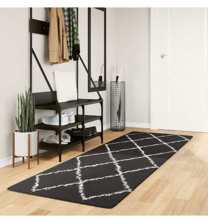 Tapis shaggy à poils longs moderne noir et crème 80x250 cm | Mobilier & Déco