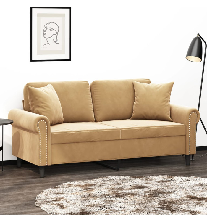 Canapé 2 places avec oreillers décoratifs brun 140 cm velours | Mobilier & Déco