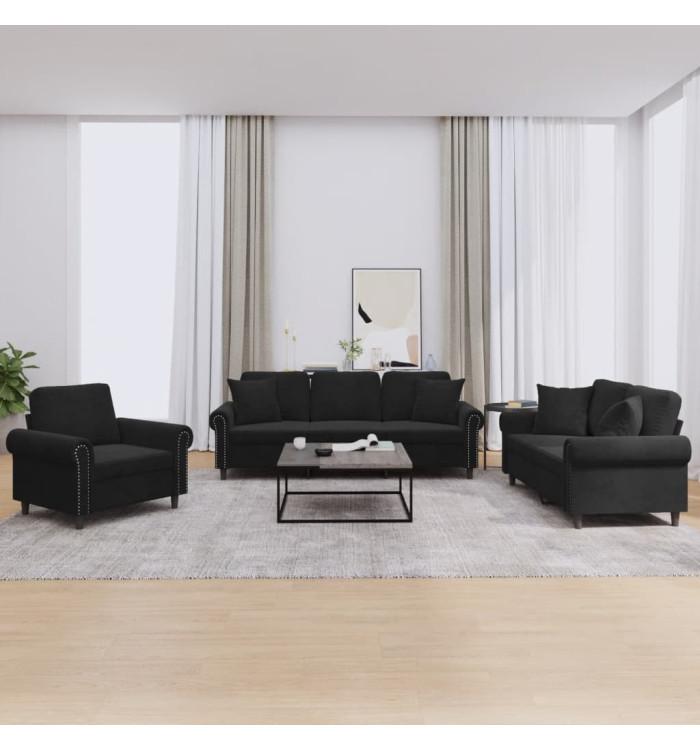Ensemble de canapés 3 pcs avec coussins noir velours | Mobilier & Déco