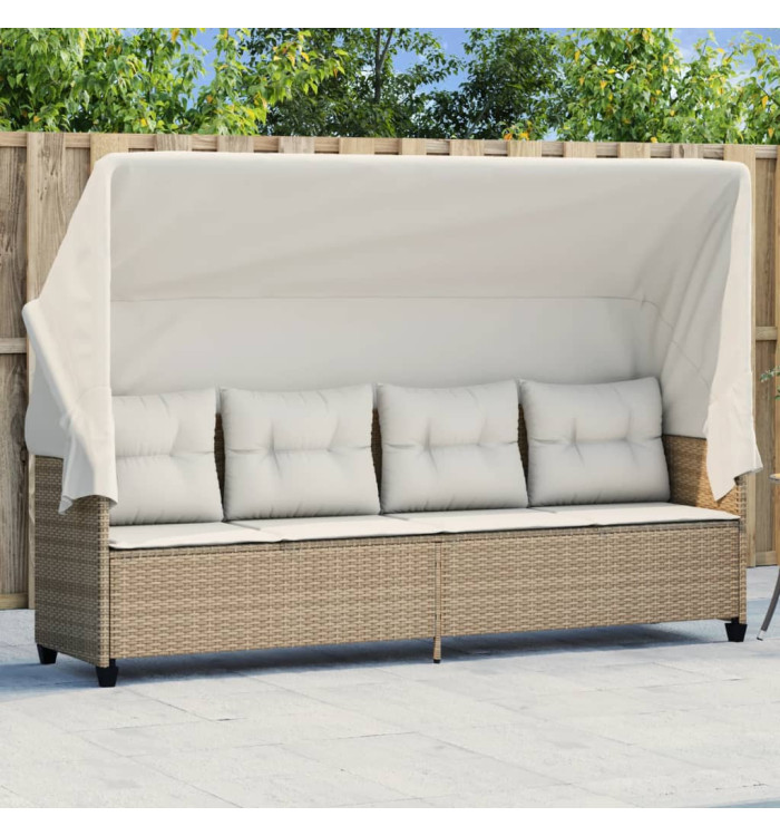 Chaise longue avec auvent et coussins beige résine tressée | Mobilier & Déco