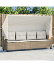 Chaise longue avec auvent et coussins beige résine tressée | Mobilier & Déco