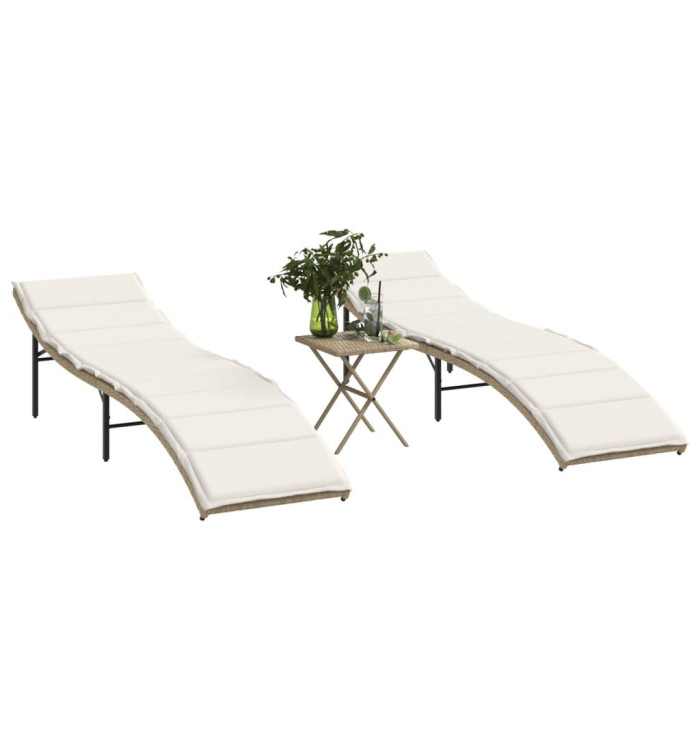 Chaises longues lot de 2 avec table beige résine tressée | Mobilier & Déco
