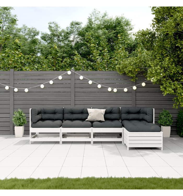 Salon de jardin 5 pcs avec coussins blanc bois massif de pin | Mobilier & Déco