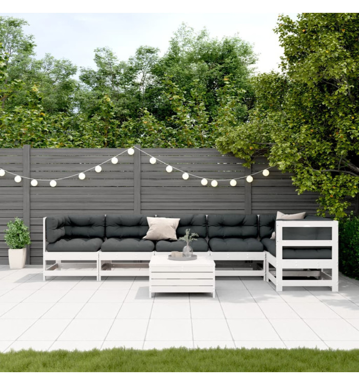 Salon de jardin 7 pcs avec coussins blanc bois de pin massif | Mobilier & Déco