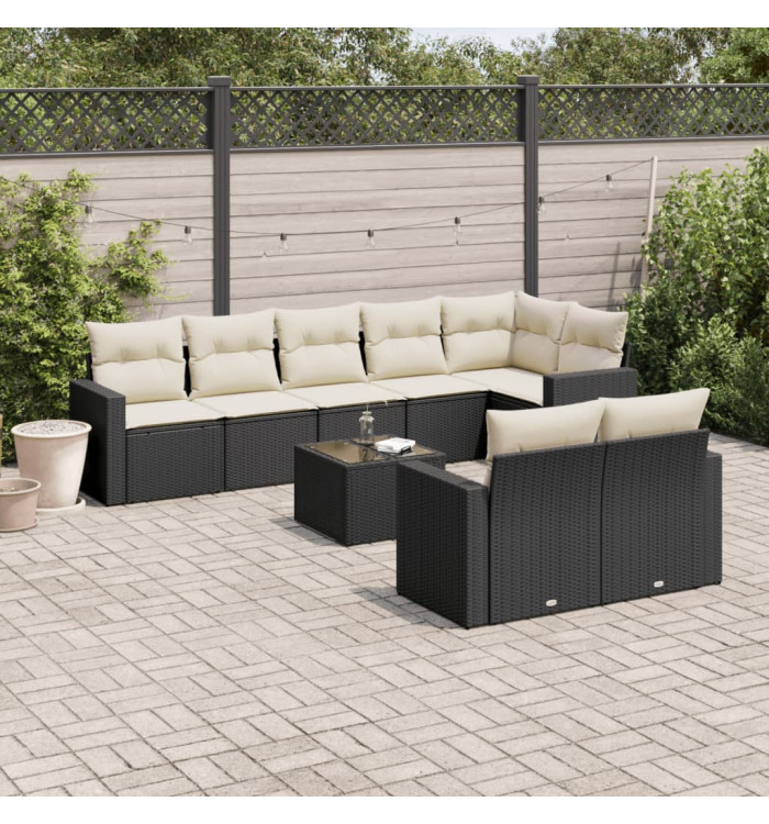 Salon de jardin 9 pcs avec coussins noir résine tressée | Mobilier & Déco