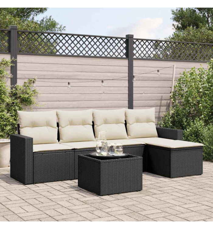 Salon de jardin 6 pcs avec coussins noir résine tressée | Mobilier & Déco