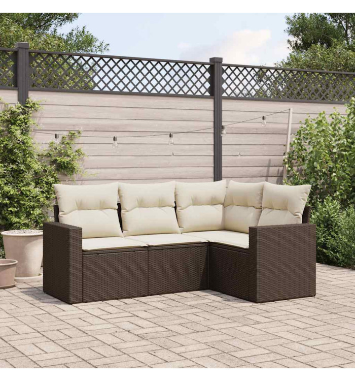 Salon de jardin 4 pcs avec coussins marron résine tressée | Mobilier & Déco