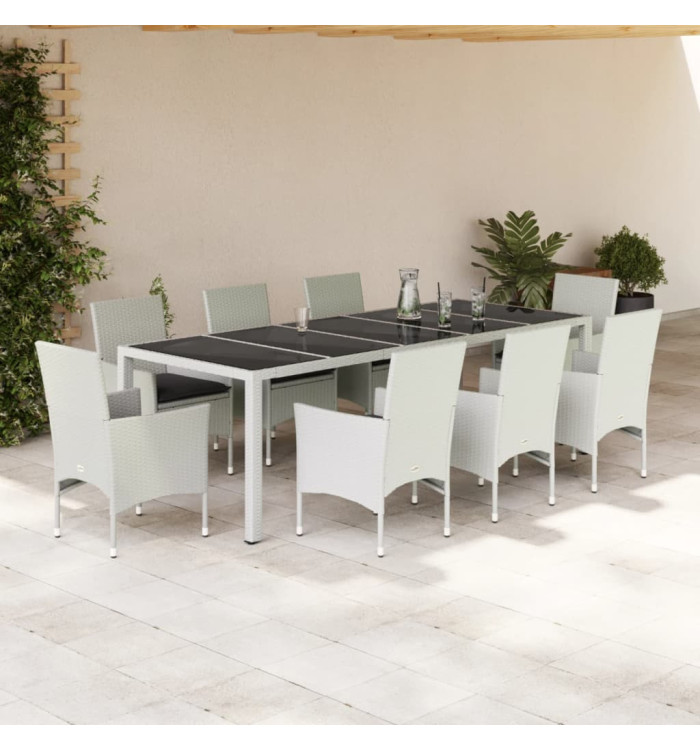 Ensemble à manger de jardin et coussins 9 pcs blanc rotin verre | Mobilier & Déco