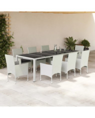 Ensemble à manger de jardin et coussins 9 pcs blanc rotin verre | Mobilier & Déco