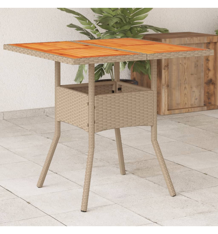 Table de jardin beige 80x80x75 cm résine tressée et bois acacia | Mobilier & Déco