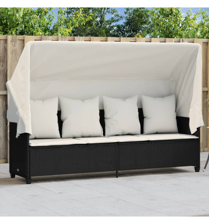 Chaise longue avec auvent et coussins noir résine tressée | Mobilier & Déco