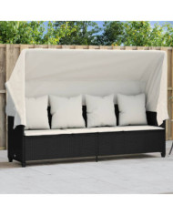 Chaise longue avec auvent et coussins noir résine tressée | Mobilier & Déco