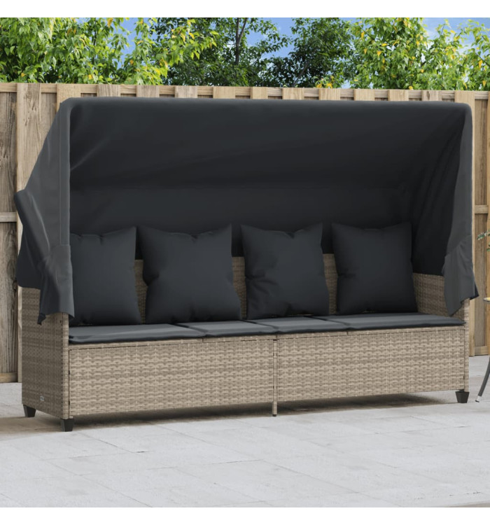 Chaise longue avec auvent et coussins gris clair résine tressée | Mobilier & Déco