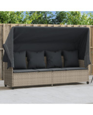 Chaise longue avec auvent et coussins gris clair résine tressée | Mobilier & Déco