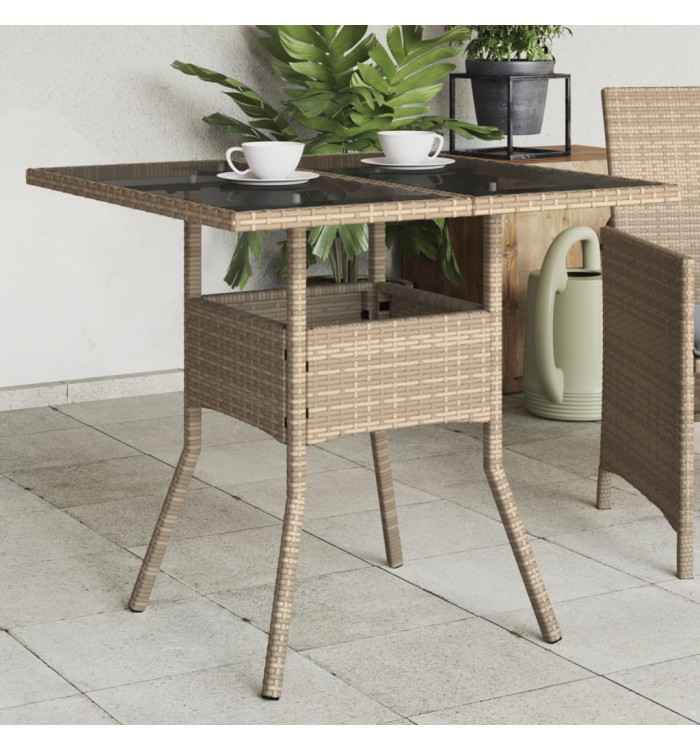 Table de jardin dessus en verre beige 80x80x75cm résine tressée | Mobilier & Déco