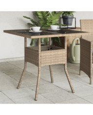 Table de jardin dessus en verre beige 80x80x75cm résine tressée | Mobilier & Déco