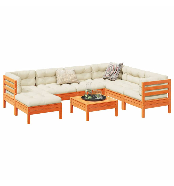Salon de jardin 8 pcs avec coussins marron cire bois pin massif | Mobilier & Déco