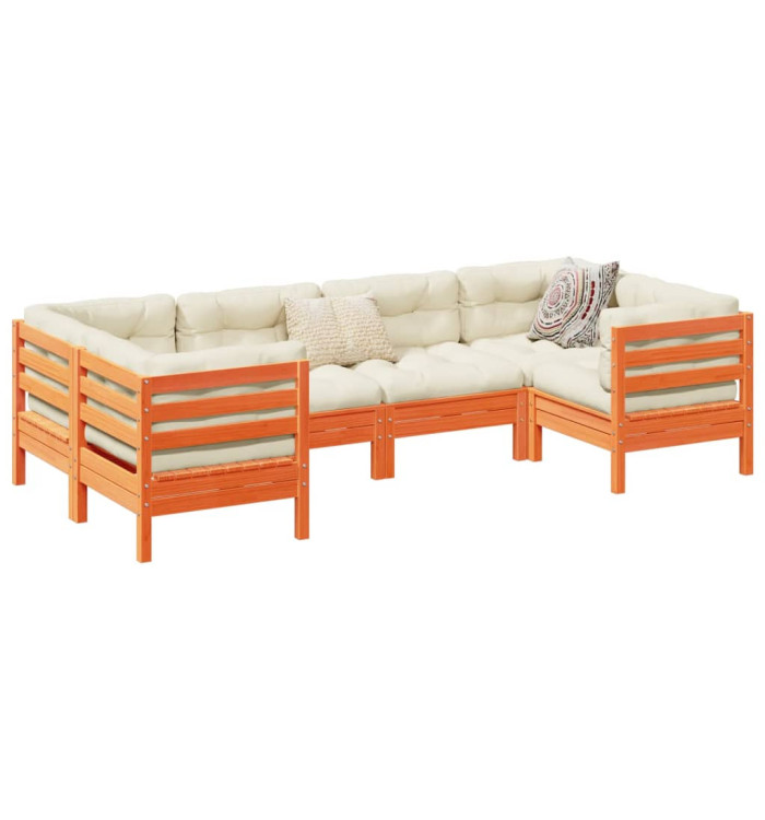 Salon de jardin 6 pcs avec coussins cire marron bois pin massif | Mobilier & Déco