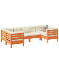 Salon de jardin 6 pcs avec coussins cire marron bois pin massif | Mobilier & Déco