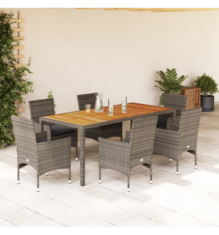 Ensemble à manger de jardin et coussins 7 pcs gris rotin acacia | Mobilier & Déco