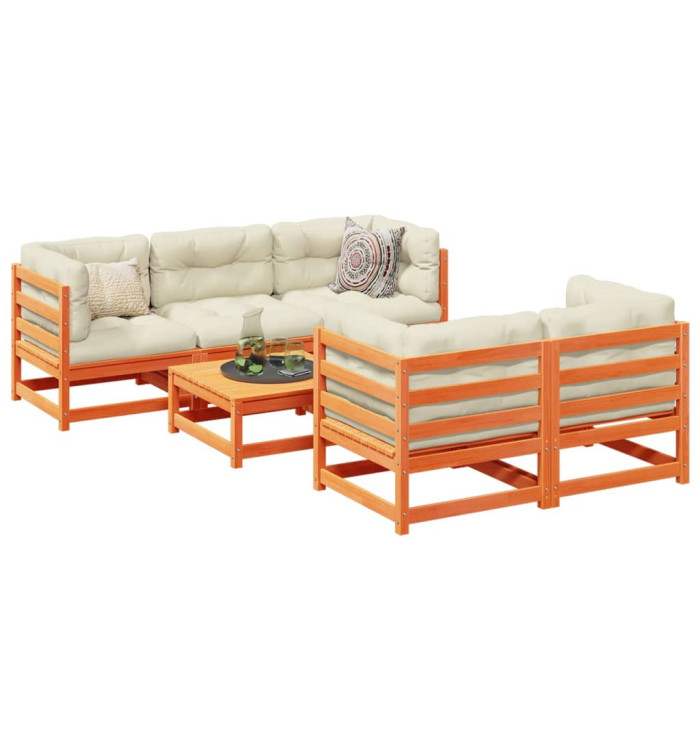 Salon de jardin 6 pcs avec coussins cire marron bois pin massif | Mobilier & Déco
