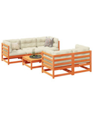 Salon de jardin 6 pcs avec coussins cire marron bois pin massif | Mobilier & Déco