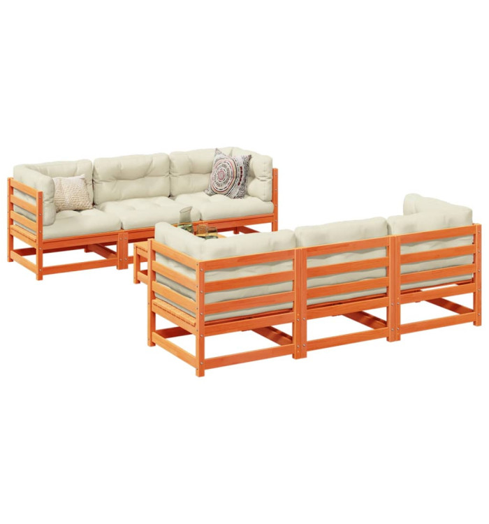 Salon de jardin 7 pcs avec coussins cire marron bois pin massif | Mobilier & Déco