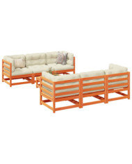 Salon de jardin 7 pcs avec coussins cire marron bois pin massif | Mobilier & Déco