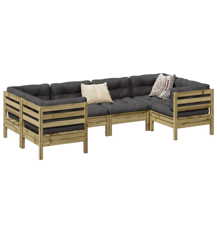 Salon de jardin 6 pcs avec coussins bois de pin imprégné | Mobilier & Déco