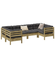 Salon de jardin 6 pcs avec coussins bois de pin imprégné | Mobilier & Déco