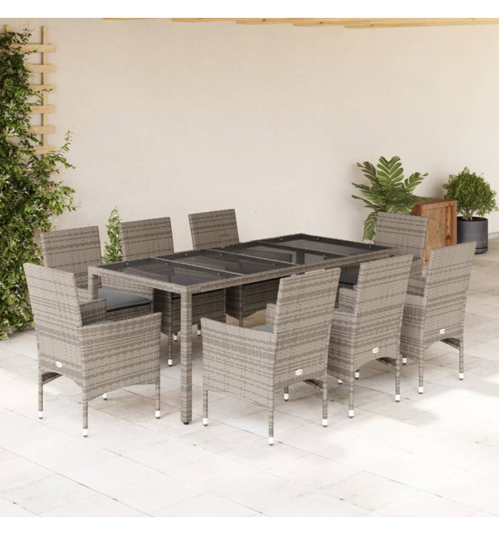 Ensemble à manger de jardin et coussins 9 pcs gris rotin verre | Mobilier & Déco