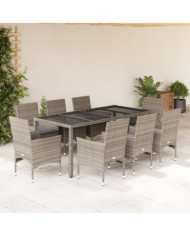 Ensemble à manger de jardin et coussins 9 pcs gris rotin verre | Mobilier & Déco