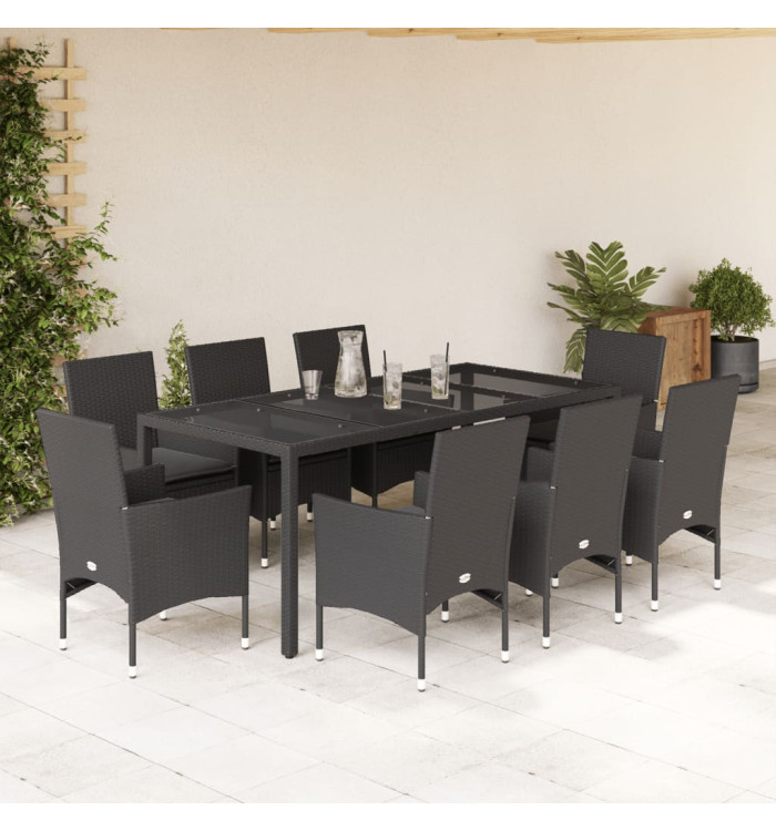 Ensemble à manger de jardin et coussins 9 pcs noir rotin verre | Mobilier & Déco