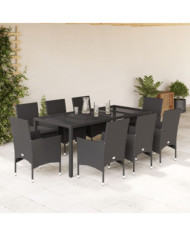 Ensemble à manger de jardin et coussins 9 pcs noir rotin verre | Mobilier & Déco