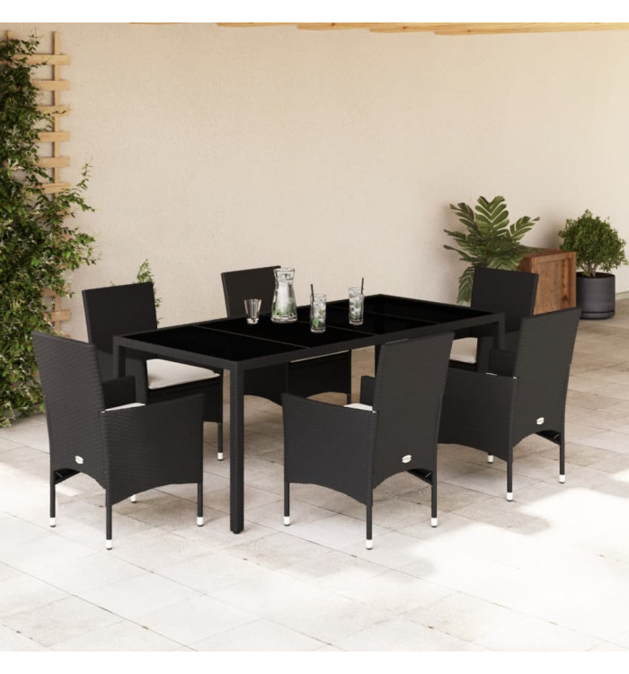 Ensemble à manger de jardin et coussins 7 pcs noir rotin acacia | Mobilier & Déco