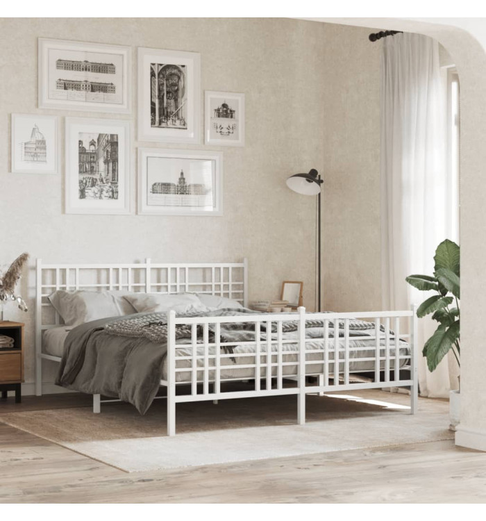 Cadre de lit métal sans matelas et pied de lit blanc 160x200 cm | Mobilier & Déco