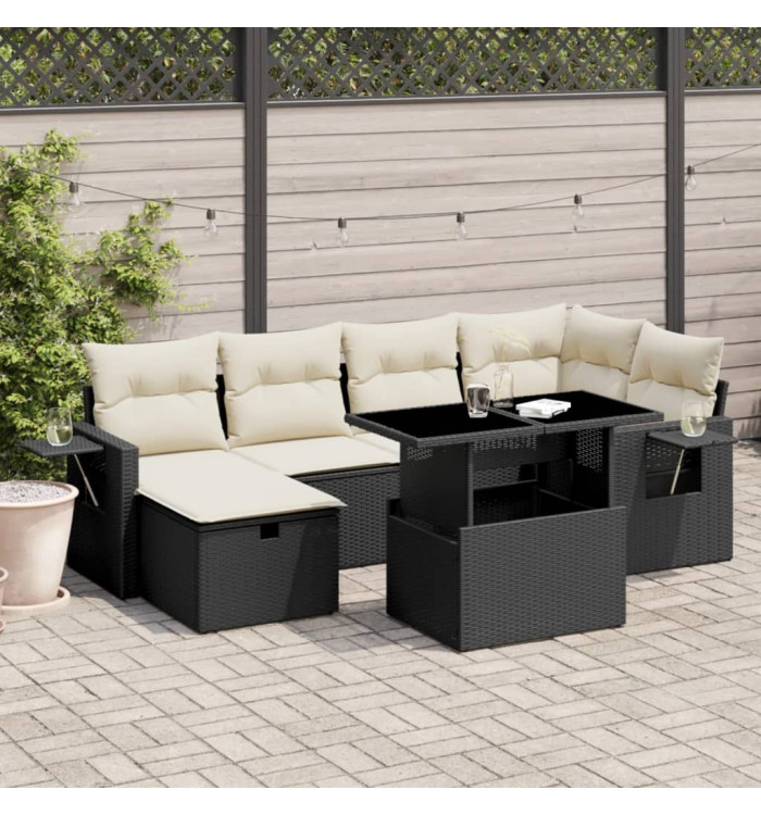 Salon de jardin 7 pcs avec coussins noir résine tressée | Mobilier & Déco