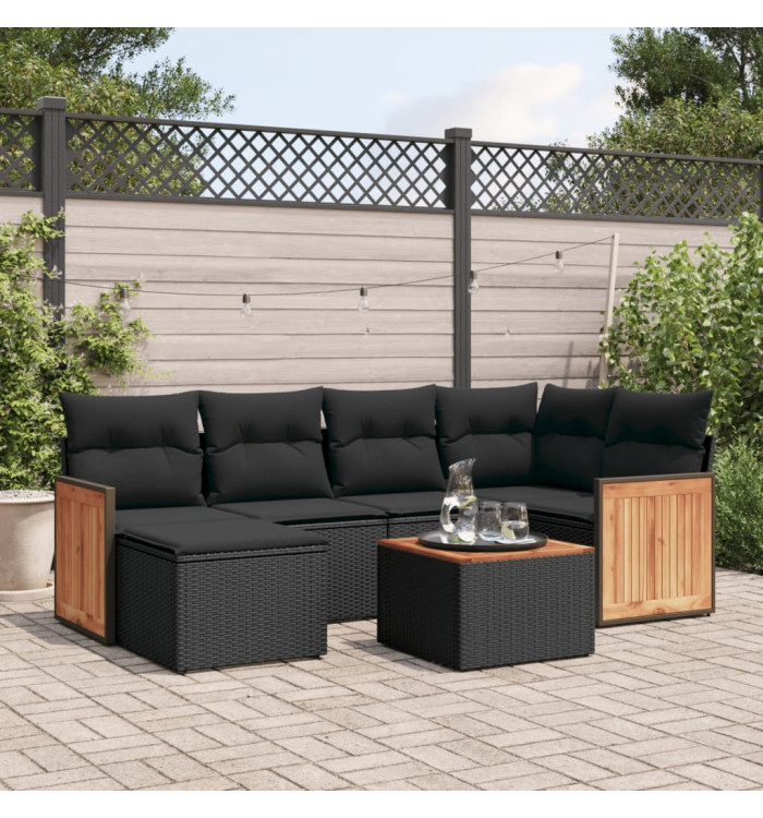 Salon de jardin 7 pcs avec coussins noir résine tressée | Mobilier & Déco