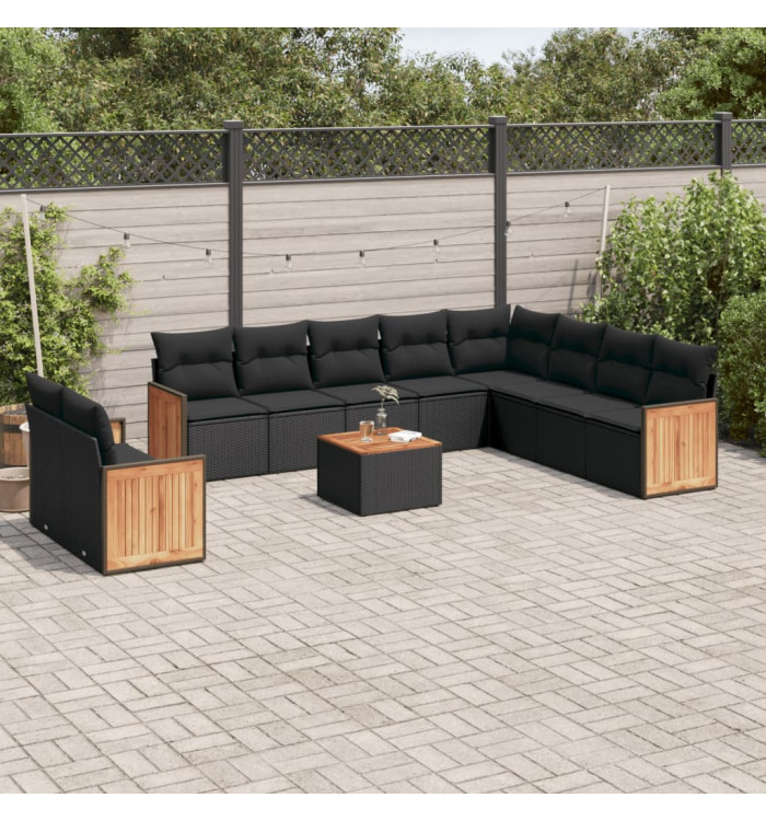 Salon de jardin 11 pcs avec coussins noir résine tressée | Mobilier & Déco